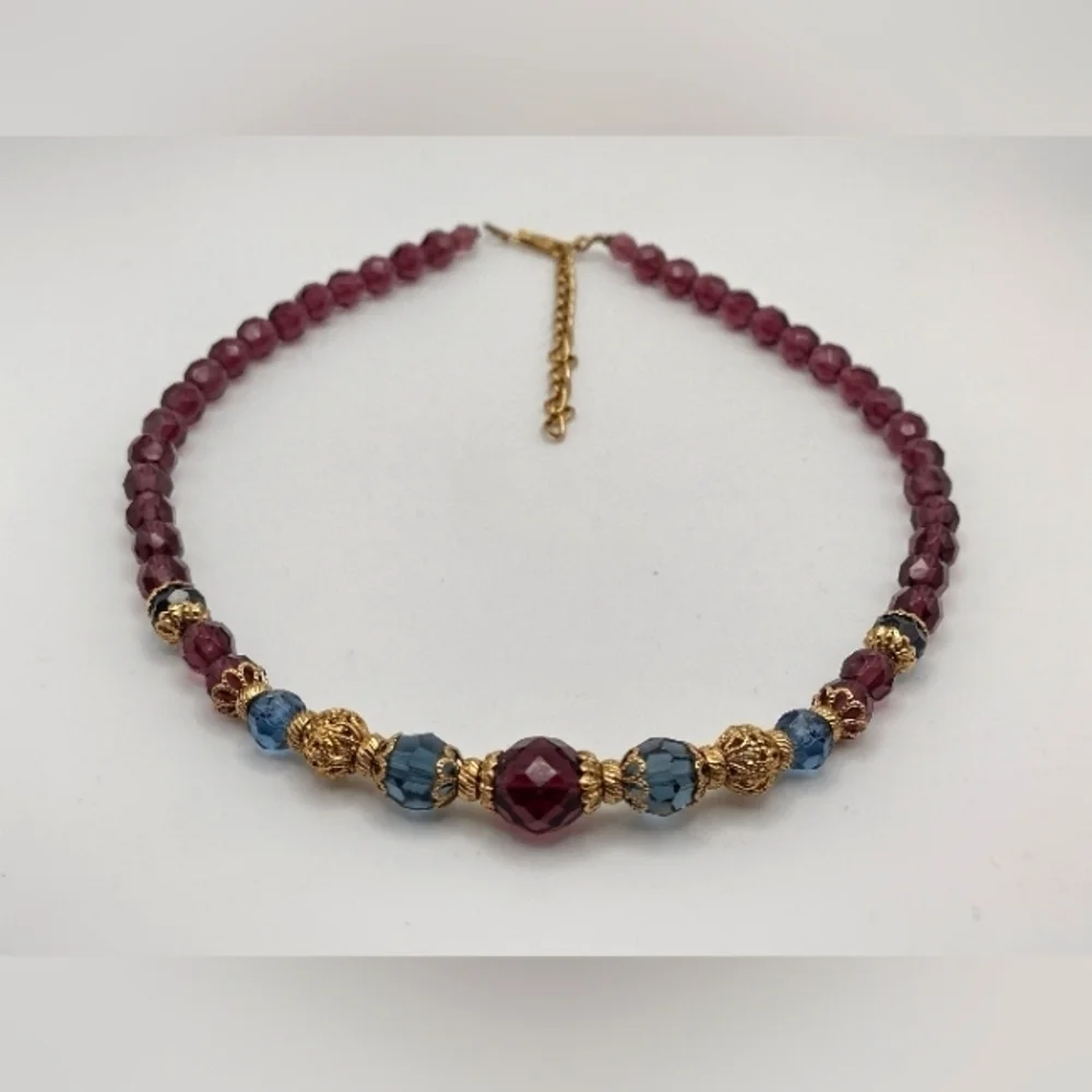 Vintage Style Glass Beaded Necklace Purple Blue and Gold - Picture 2 of 6